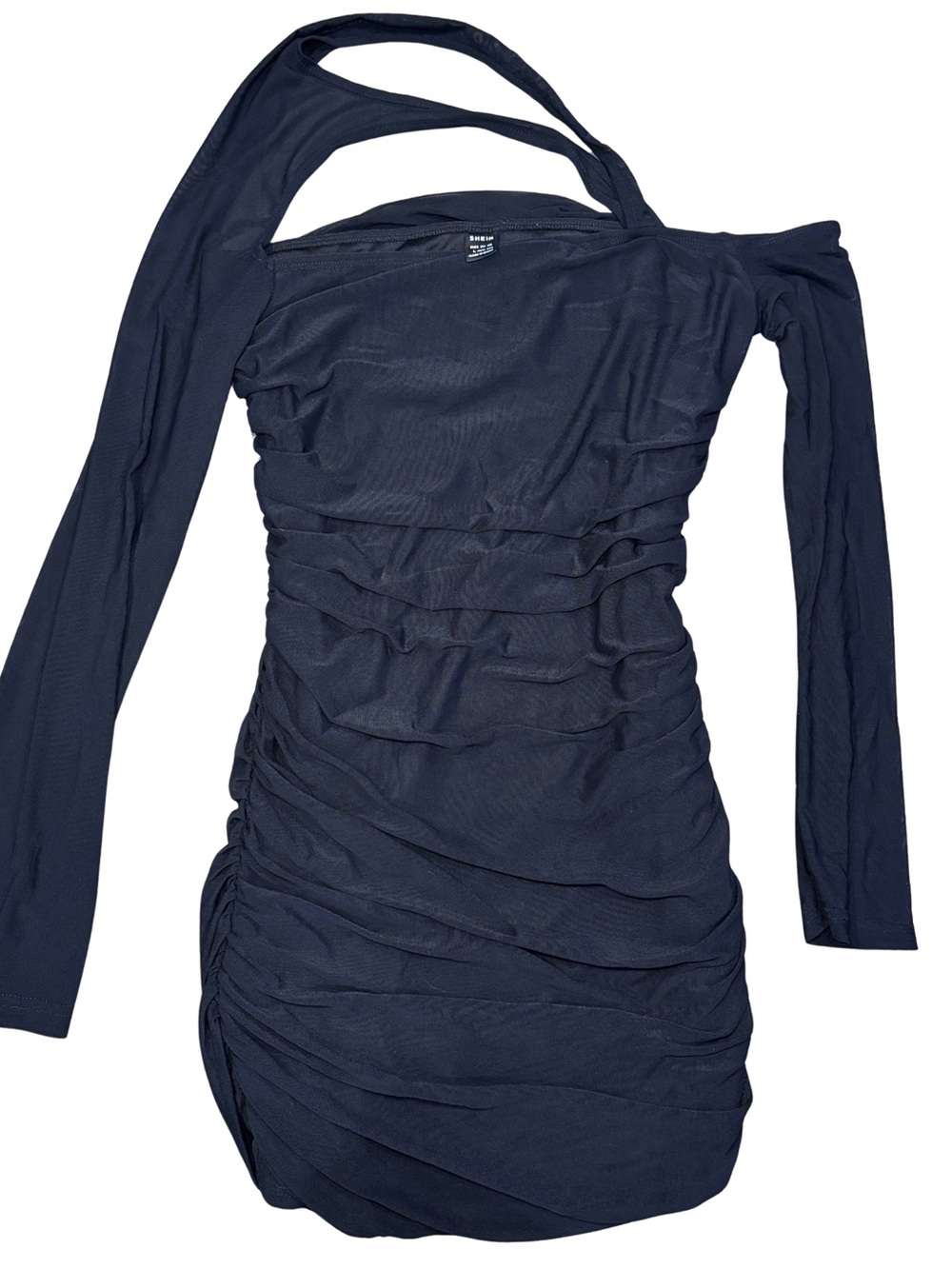 SHEIN Women Black One Shoulder Ruched Mesh Stretch Bodycon Mini Dress Size L